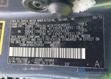 2013 Toyota Highlander Base Plus V6 from USA, damaged, VIN 5TDBK3EH6DS259582